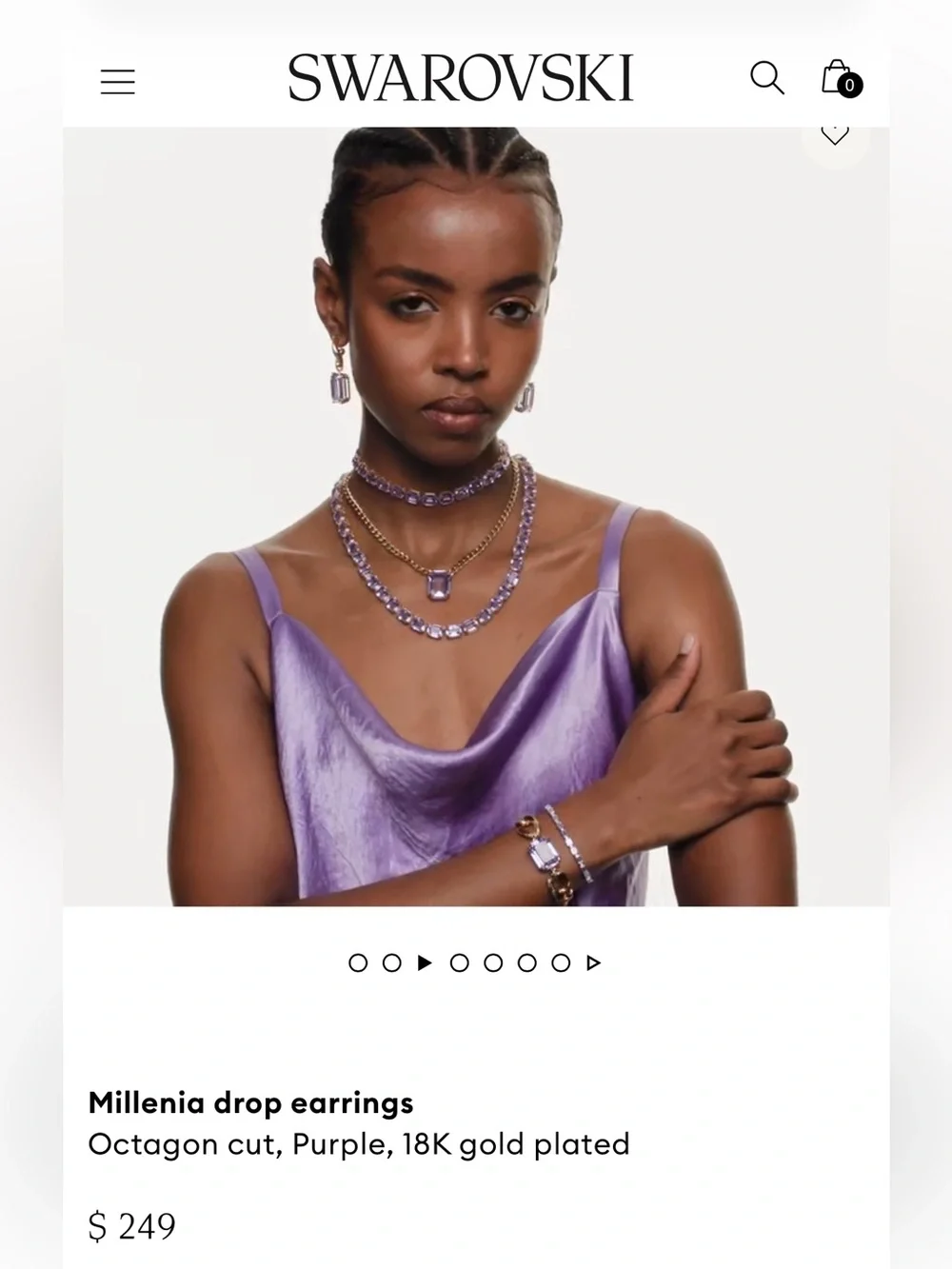 Swarovski - Millenia drop earrings Octagon cut, Purple, 18K gold plated